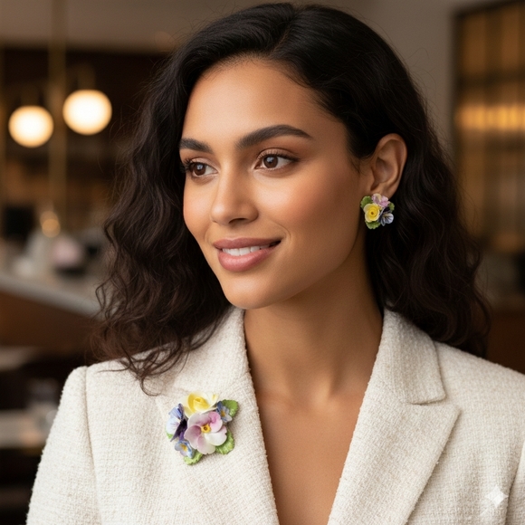 Bone China Brooch & Earrings Set England Vintage Porcelain Floral Bouquet Flower - Picture 3 of 10